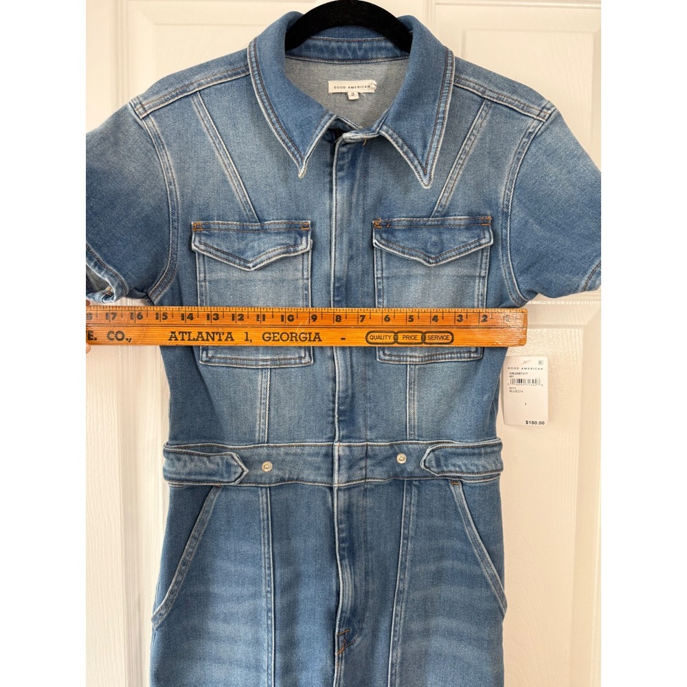 Good American Fit For Success Denim Jumpsuit Blue Short Sleeve Flare Size 3 NWT - Picture 6 of 11